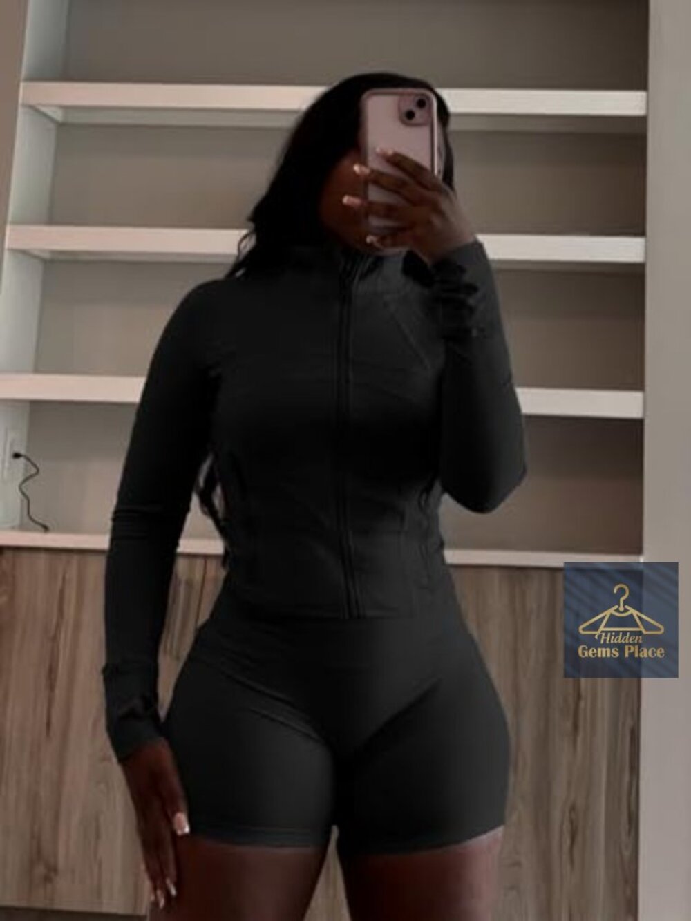 Two Piece Short Set Long Sleeve Zip Jacket Biker Shorts Sweatsuit - Picture 4 of 7